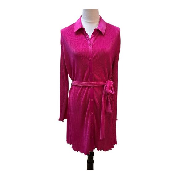 Giani Bini Pink Ribbed Button Front Shirt Preppy Spring Long Sleeve Dress Sz S - Picture 1 of 9